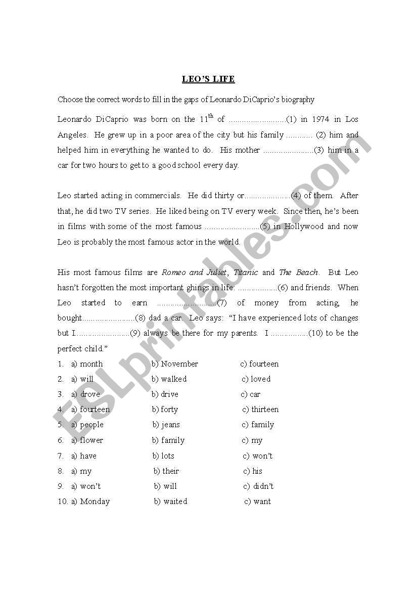Leo`s life worksheet